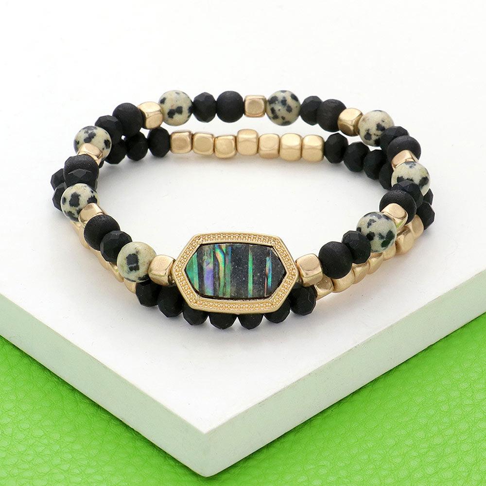 Black 2PCS  Natural Stone Beaded Hexagon Multi Layered Bracelet