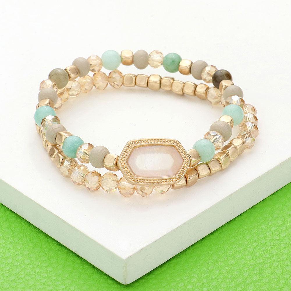 Mint 2PCS - Natural Stone Beaded Hexagon Multi Layered Bracelet