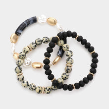 Load image into Gallery viewer, Black 3PCS  Semi Precious Stone Pearl Resin Beaded Stretch Bracelets
