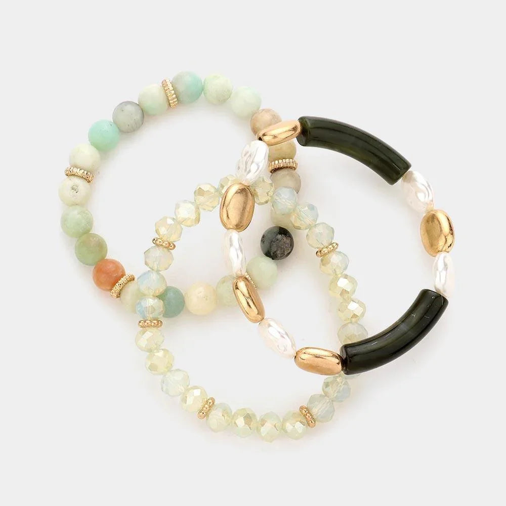 3PCS - Semi Precious Stone Pearl Resin Beaded Stretch Bracelets - Jewelry Store by Erik Rayo