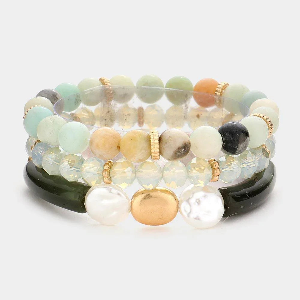 3PCS - Semi Precious Stone Pearl Resin Beaded Stretch Bracelets - Jewelry Store by Erik Rayo