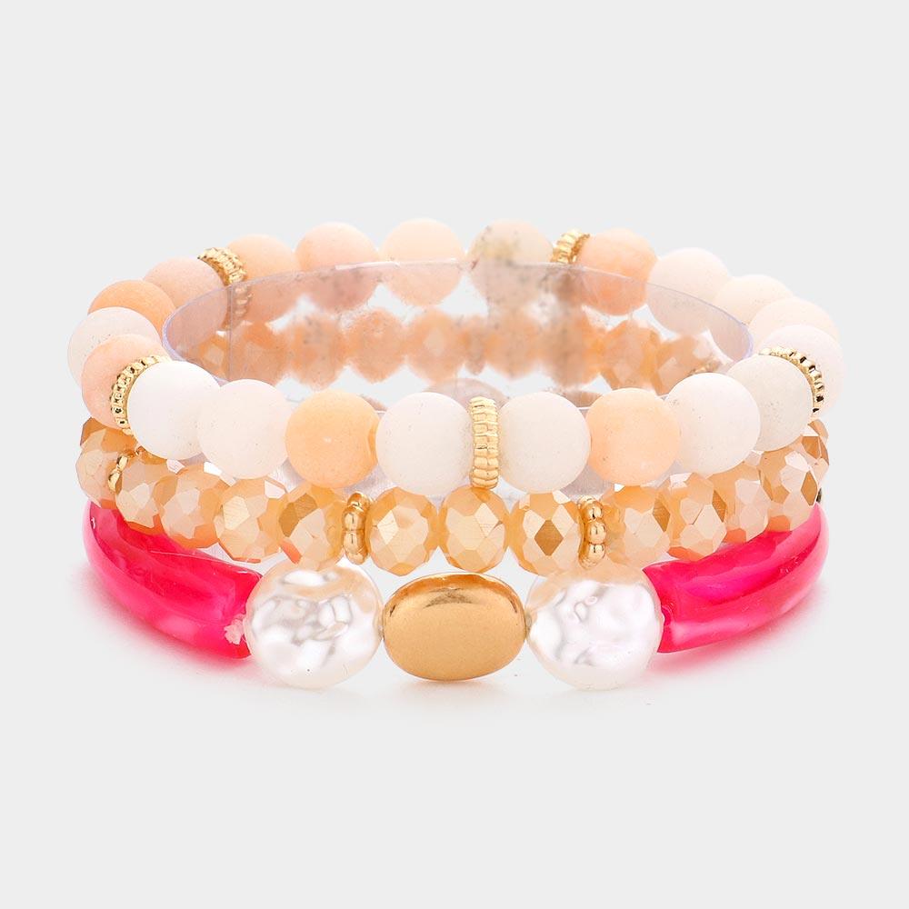 Pink 3PCS - Semi Precious Stone Pearl Resin Beaded Stretch Bracelets