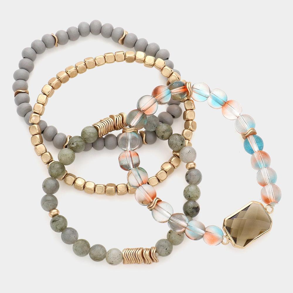 4PCS - Semi Precious Stone Wood Ball Stretch Bracelets - Jewelry Store by Erik Rayo