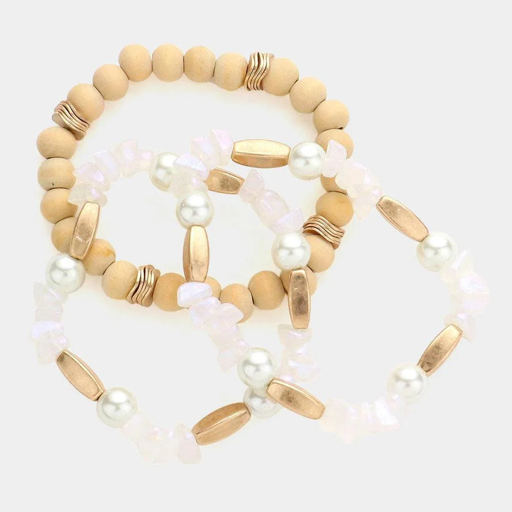3PCS - Semi Precious Stone Pearl Wood Ball Stretch Bracelets - Jewelry Store by Erik Rayo