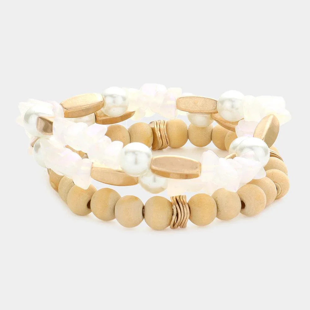 3PCS - Semi Precious Stone Pearl Wood Ball Stretch Bracelets - Jewelry Store by Erik Rayo