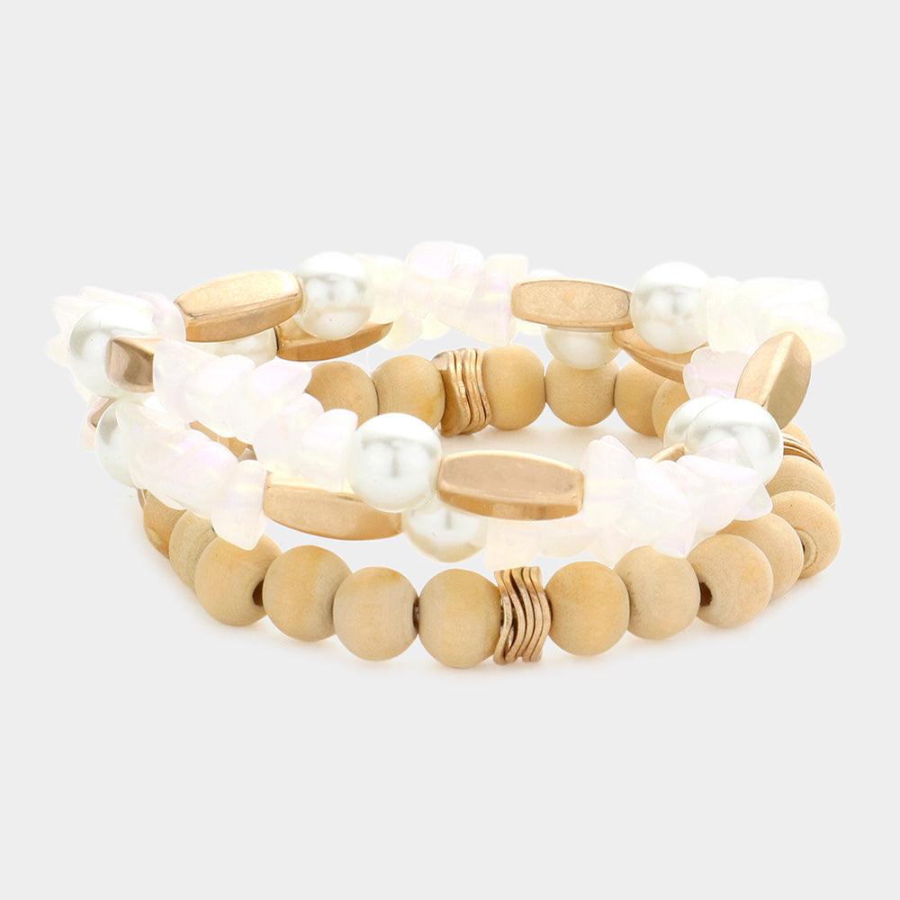 3PCS - Semi Precious Stone Pearl Wood Ball Stretch Bracelets