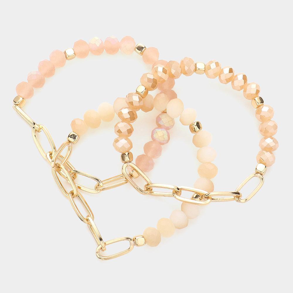 3PCS - Open Metal Oval Link Faceted Beaded Stretch Bracelets - Jewelry Store by Erik Rayo