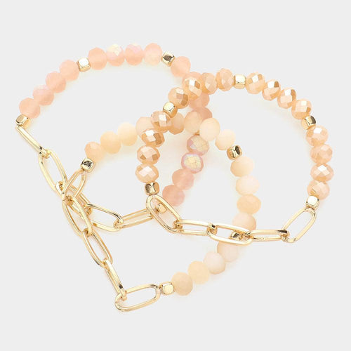 3PCS - Open Metal Oval Link Faceted Beaded Stretch Bracelets - Jewelry Store by Erik Rayo