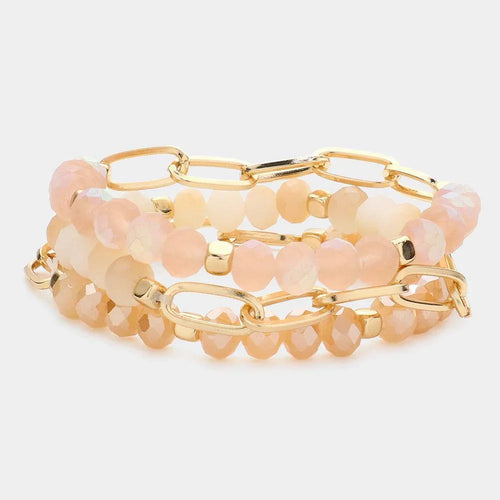 3PCS - Open Metal Oval Link Faceted Beaded Stretch Bracelets - Jewelry Store by Erik Rayo