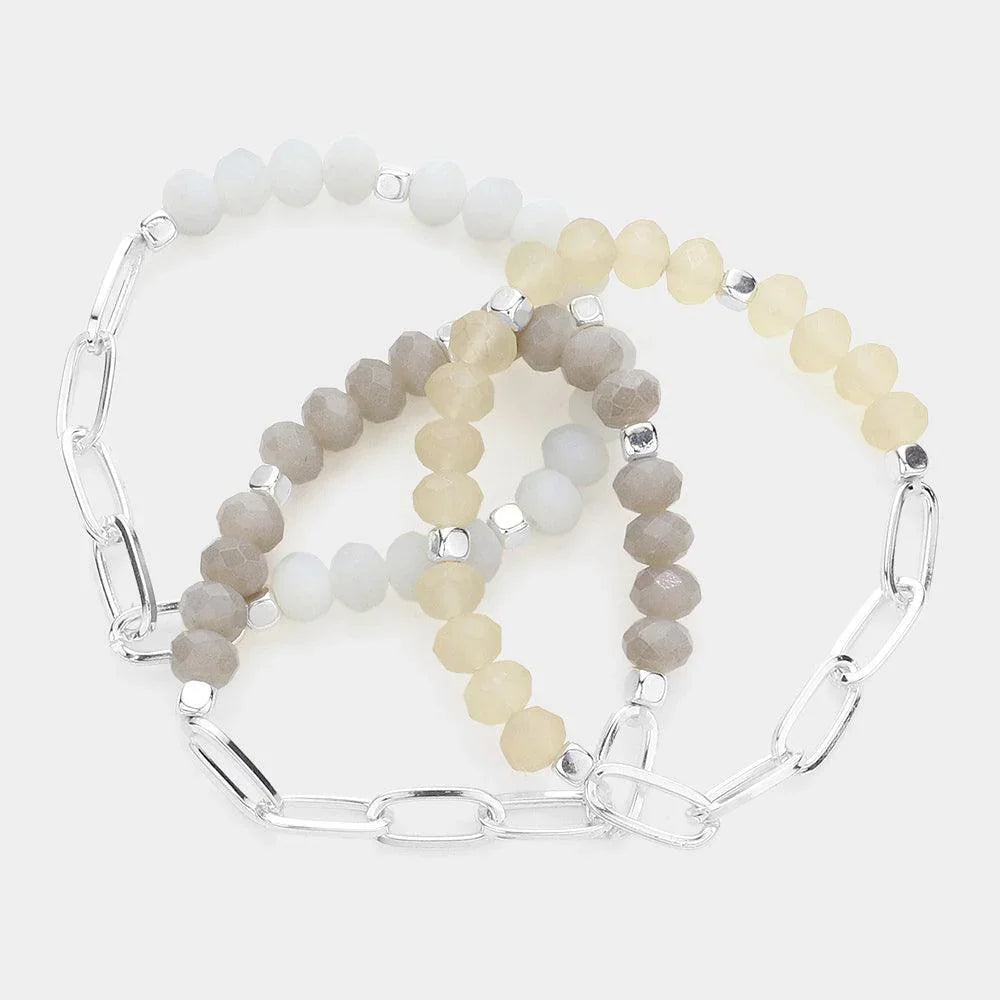 3PCS - Open Metal Oval Link Faceted Beaded Stretch Bracelets - Jewelry Store by Erik Rayo