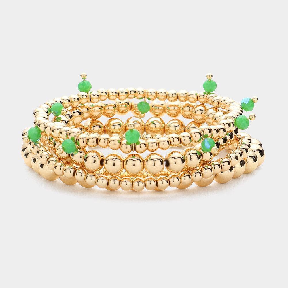Green 4PCS - Faceted Beads Station Metal Ball Stretch Multi Layered Bracelets - Jewelry Store by Erik Rayo