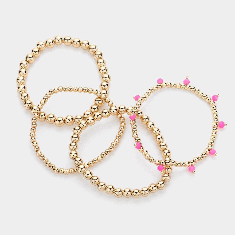 Pink 4PCS - Faceted Beads Station Metal Ball Stretch Multi Layered Bracelets - Jewelry Store by Erik Rayo