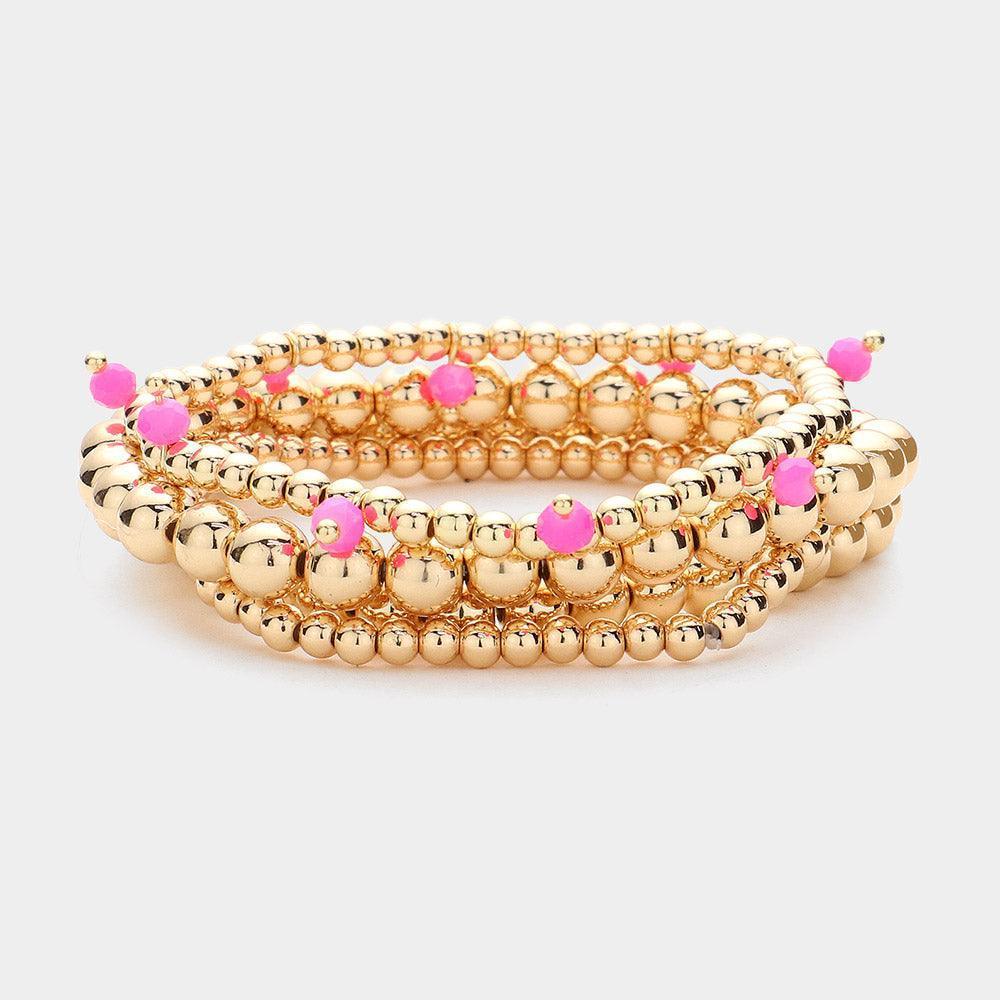 Pink 4PCS - Faceted Beads Station Metal Ball Stretch Multi Layered Bracelets - Jewelry Store by Erik Rayo