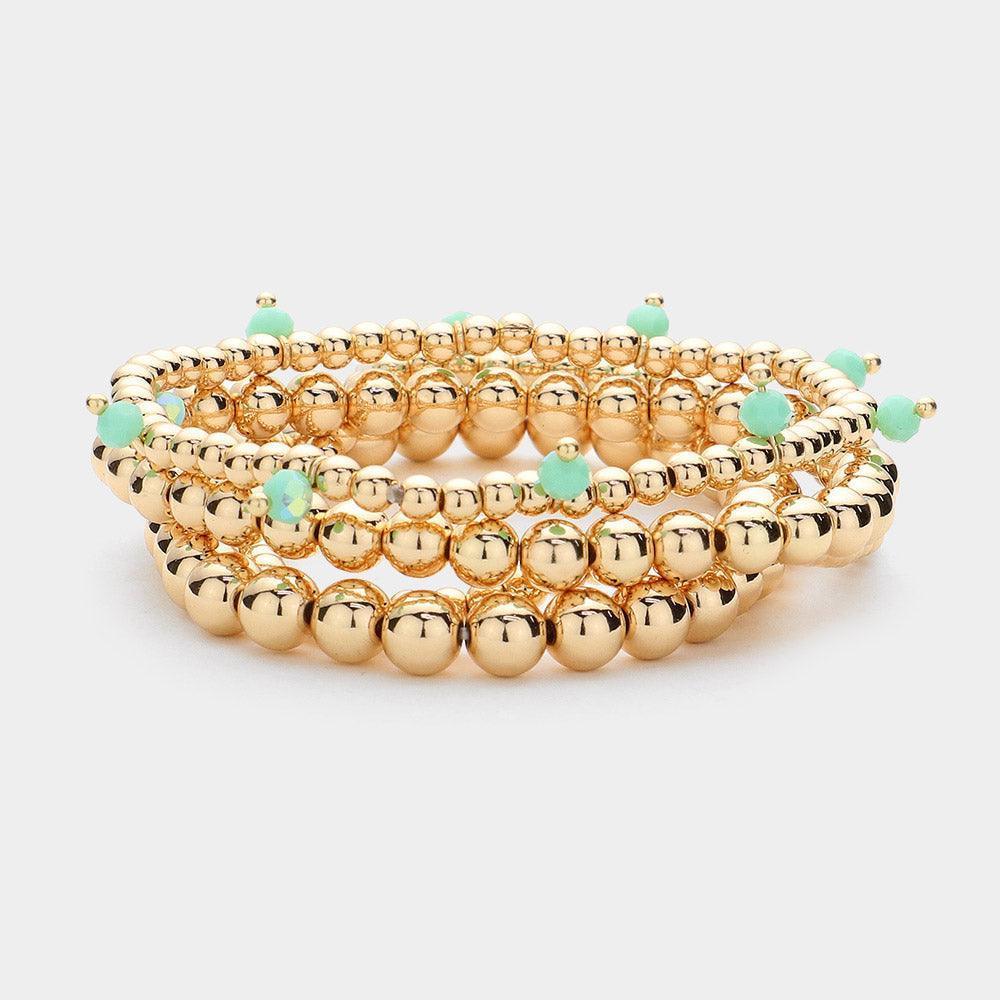 Gold 4PCS - Faceted Beads Station Metal Ball Stretch Multi Layered Bracelets - Jewelry Store by Erik Rayo