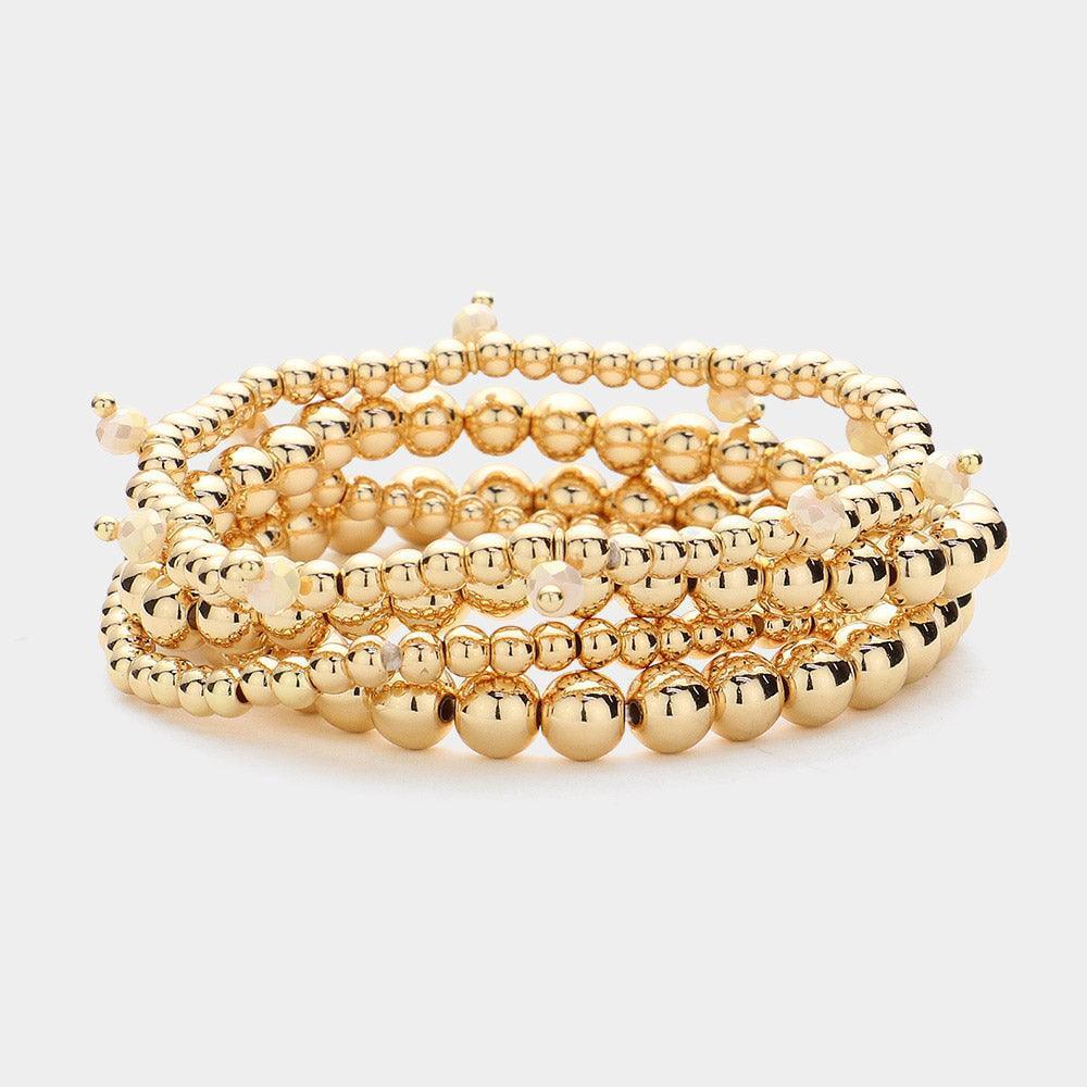 Gold 4PCS - Faceted Beads Station Metal Ball Stretch Multi Layered Bracelets - Jewelry Store by Erik Rayo