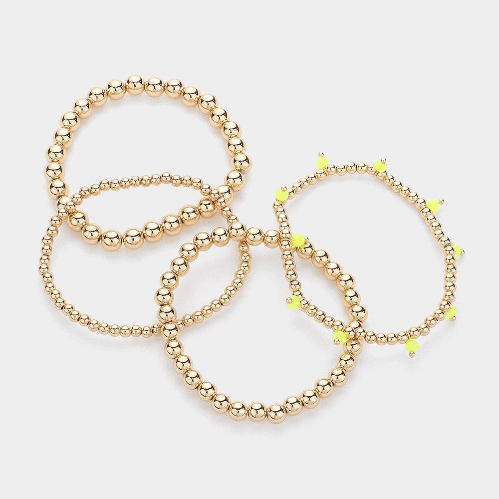 Yellow 4PCS - Faceted Beads Station Metal Ball Stretch Multi Layered Bracelets - Jewelry Store by Erik Rayo
