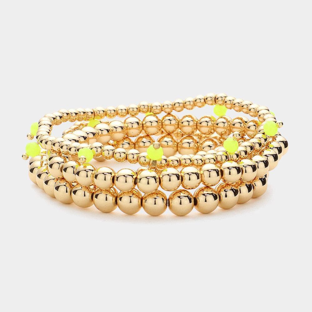 Yellow 4PCS - Faceted Beads Station Metal Ball Stretch Multi Layered Bracelets - Jewelry Store by Erik Rayo