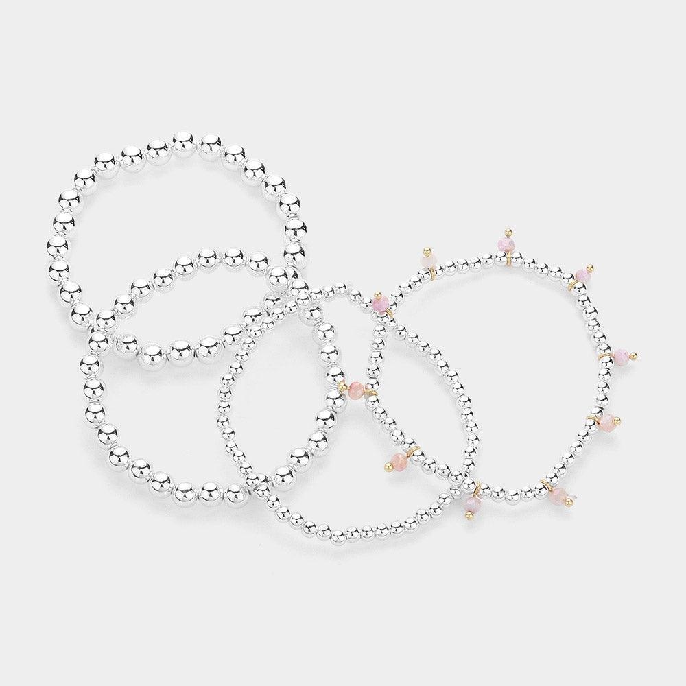Pink 4PCS - Faceted Beads Station Metal Ball Stretch Multi Layered Bracelets - Jewelry Store by Erik Rayo