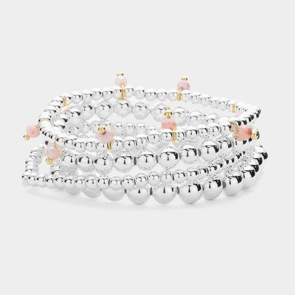 Pink 4PCS - Faceted Beads Station Metal Ball Stretch Multi Layered Bracelets - Jewelry Store by Erik Rayo