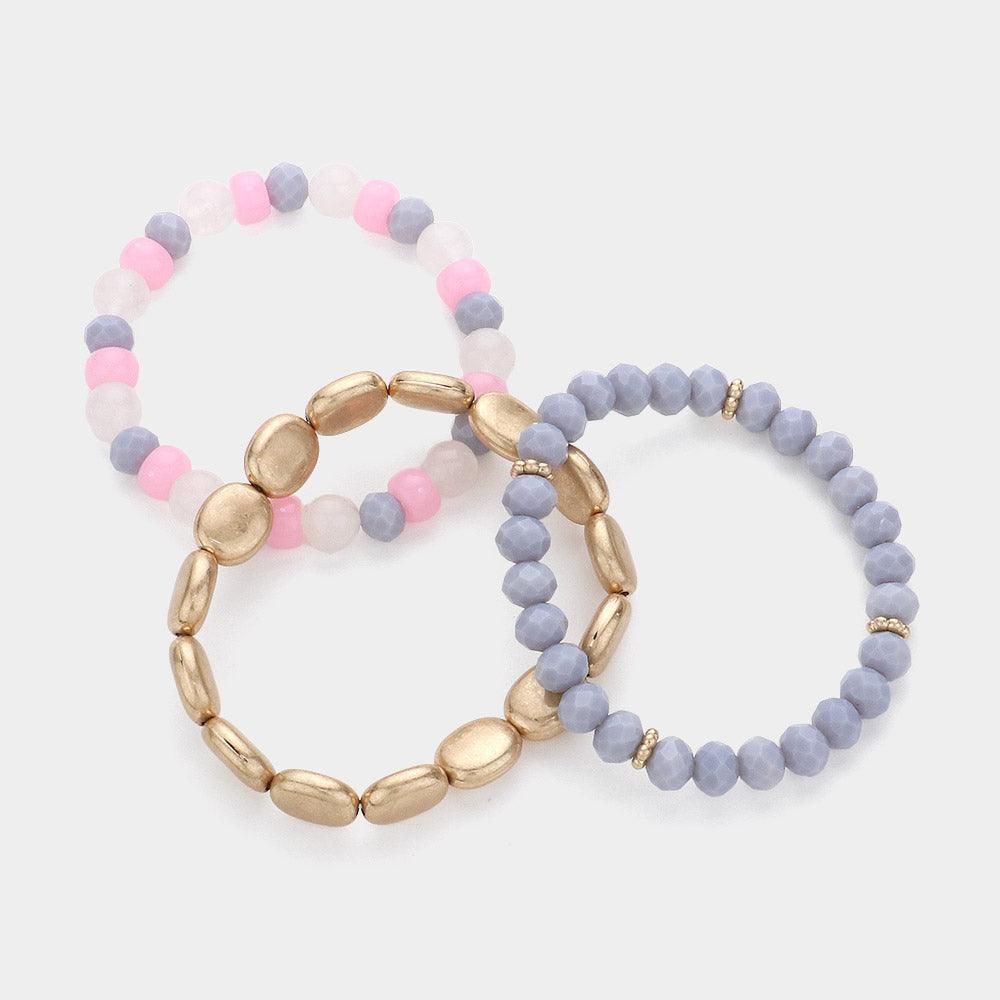 Silver 3PCS Metal Faceted Beaded Stretch Multi Layered Bracelets - Jewelry Store by Erik Rayo
