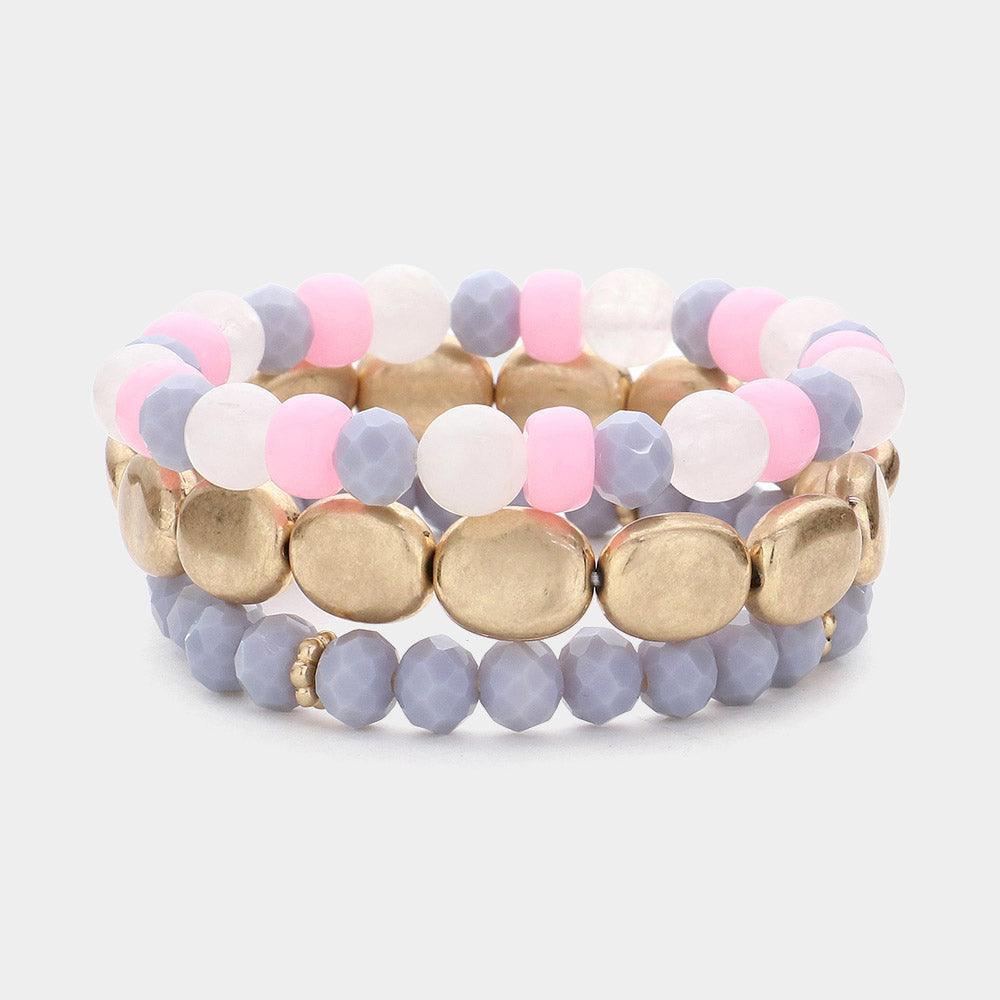 Silver 3PCS Metal Faceted Beaded Stretch Multi Layered Bracelets - Jewelry Store by Erik Rayo