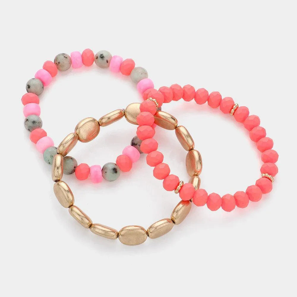 Pink 3PCS - Metal Faceted Beaded Stretch Multi Layered Bracelets - Jewelry Store by Erik Rayo