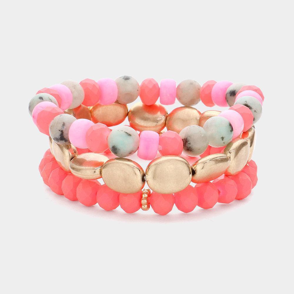 Pink 3PCS - Metal Faceted Beaded Stretch Multi Layered Bracelets - Jewelry Store by Erik Rayo