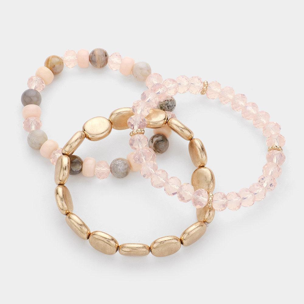 Pink 3PCS - Metal Faceted Beaded Stretch Multi Layered Bracelets