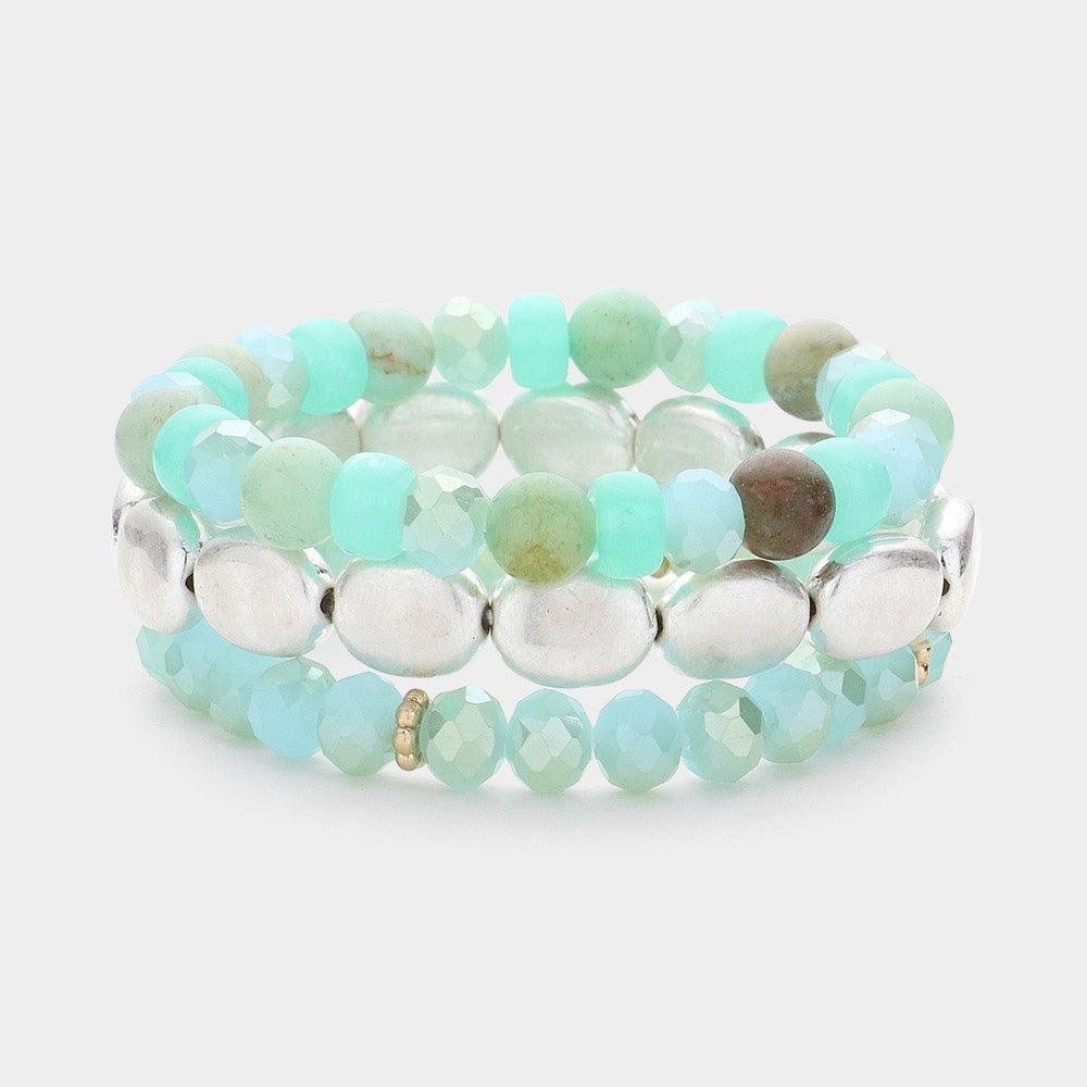 Silver 3PCS Metal Faceted Beaded Stretch Multi Layered Bracelets - Jewelry Store by Erik Rayo