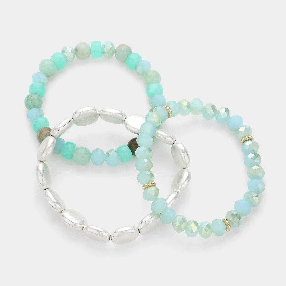 Silver 3PCS Metal Faceted Beaded Stretch Multi Layered Bracelets - Jewelry Store by Erik Rayo