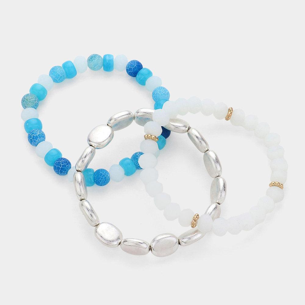 Turquoise 3PCS Metal Faceted Beaded Stretch Multi Layered Bracelets - Jewelry Store by Erik Rayo