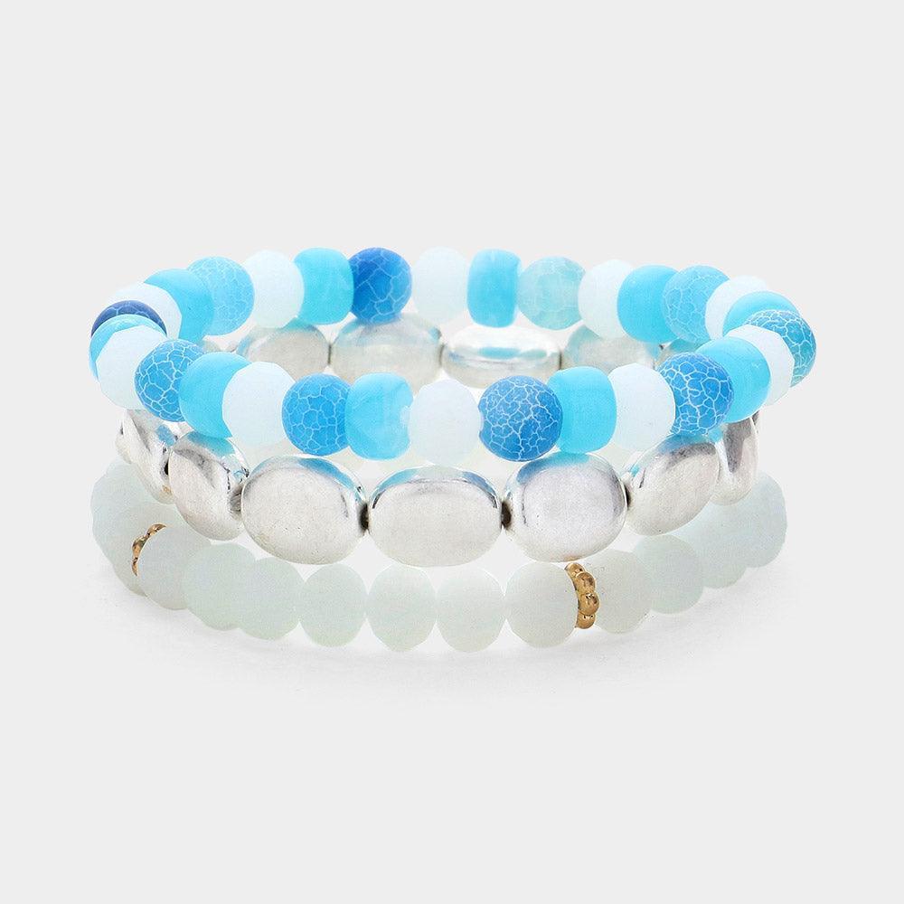 Turquoise 3PCS Metal Faceted Beaded Stretch Multi Layered Bracelets - Jewelry Store by Erik Rayo