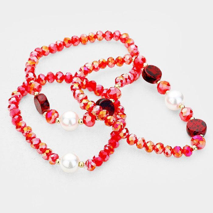 Red 3PCS Multi Strand Pearl Natural Stone Bead Stretch Bracelets - Jewelry Store by Erik Rayo