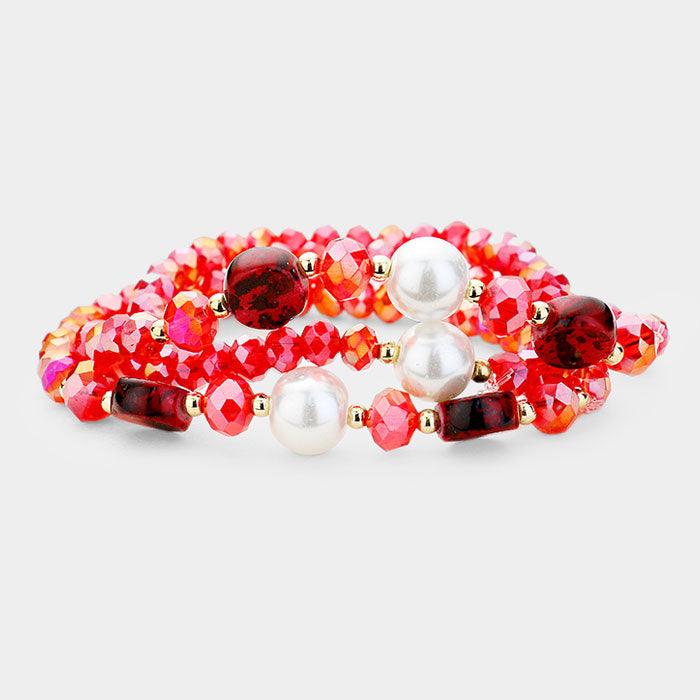 Red 3PCS Multi Strand Pearl Natural Stone Bead Stretch Bracelets