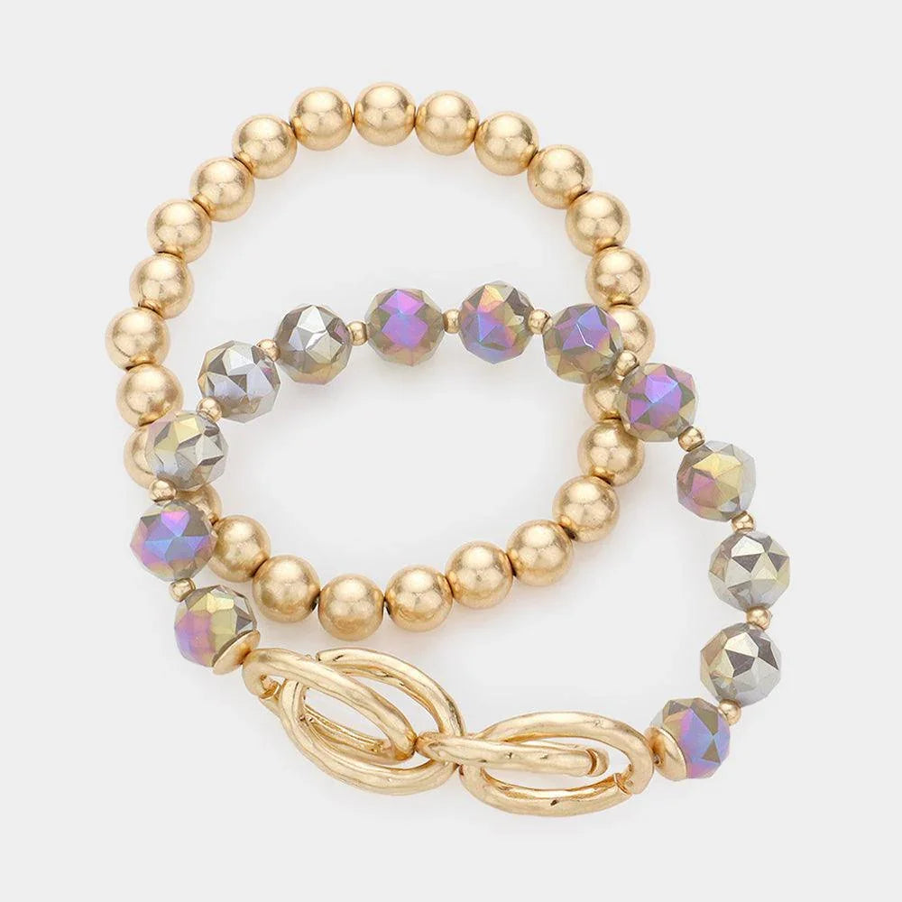 Black 2PCS Open Metal Oval Link Metal Ball Faceted Beaded Stretch Bracelets - Jewelry Store by Erik Rayo