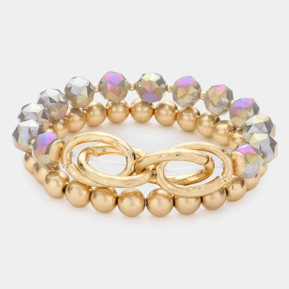 Black 2PCS Open Metal Oval Link Metal Ball Faceted Beaded Stretch Bracelets - Jewelry Store by Erik Rayo