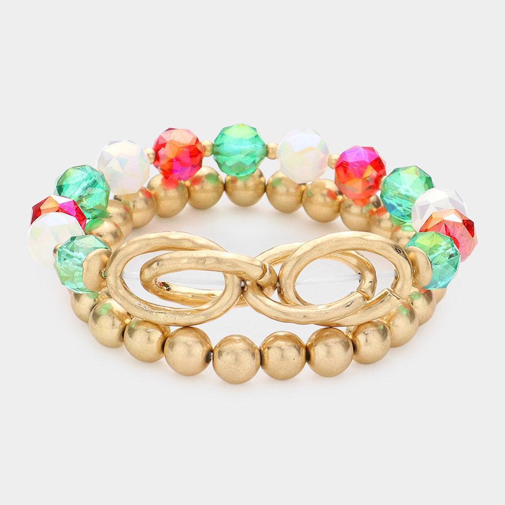 2PCS - Open Metal Oval Link Metal Ball Faceted Beaded Stretch Bracelets - Jewelry Store by Erik Rayo