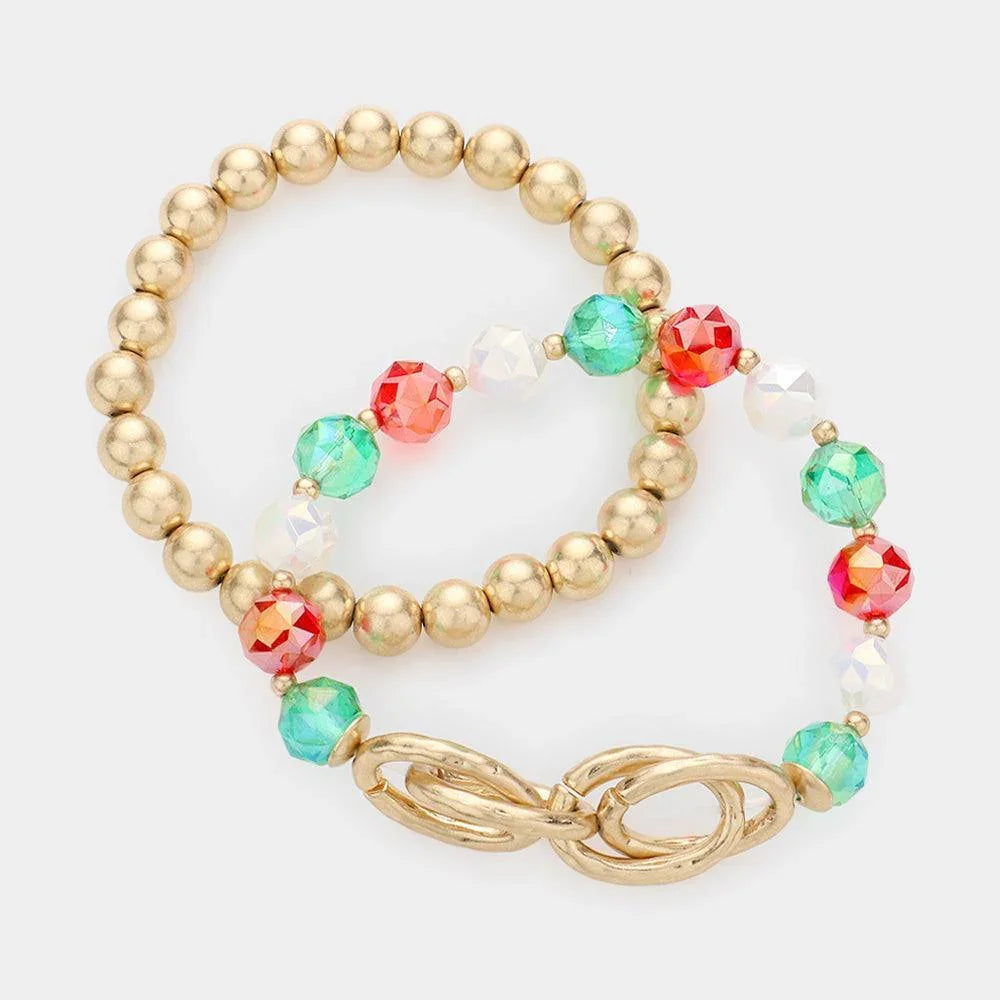 2PCS - Open Metal Oval Link Metal Ball Faceted Beaded Stretch Bracelets - Jewelry Store by Erik Rayo