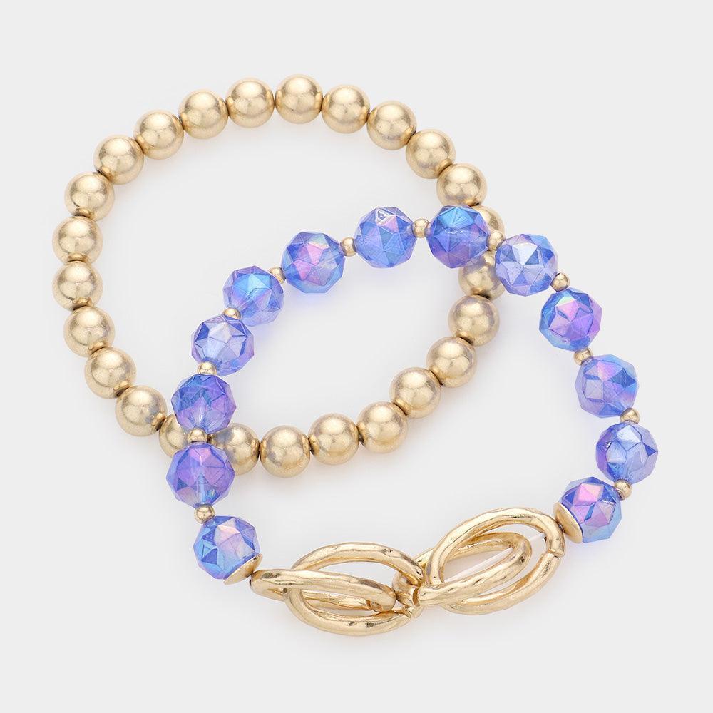 Blue 2PCS - Open Metal Oval Link Metal Ball Faceted Beaded Stretch Bracelets - Jewelry Store by Erik Rayo