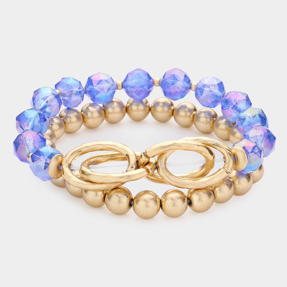 Blue 2PCS - Open Metal Oval Link Metal Ball Faceted Beaded Stretch Bracelets - Jewelry Store by Erik Rayo