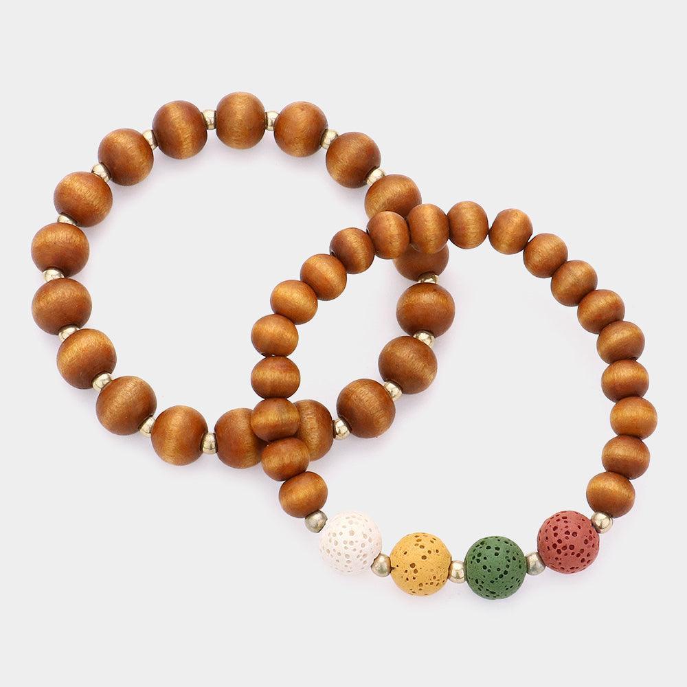 2PCS - Wood Ball Lava Rock Stretch Bracelets - Jewelry Store by Erik Rayo