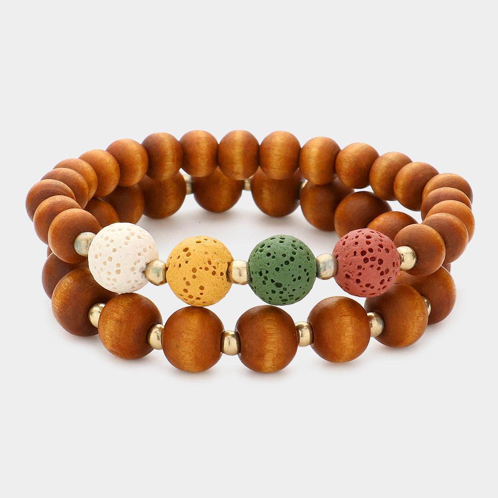 2PCS - Wood Ball Lava Rock Stretch Bracelets - Jewelry Store by Erik Rayo