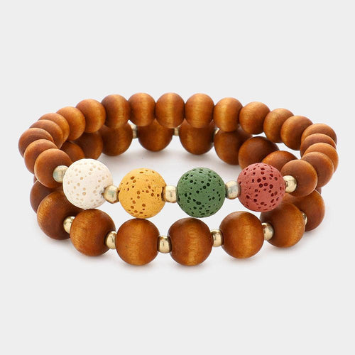 2PCS - Wood Ball Lava Rock Stretch Bracelets - Jewelry Store by Erik Rayo