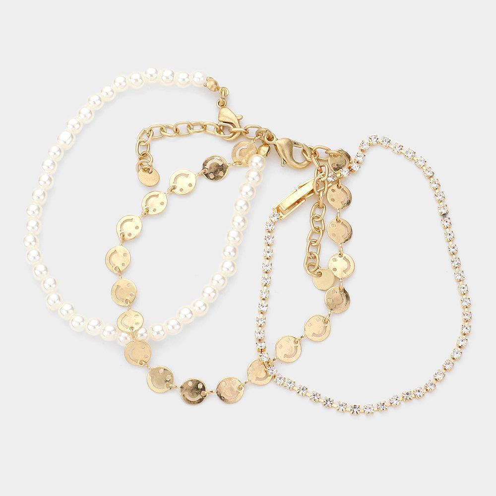 Gold 3PCS Metal Smile Link Pearl Tennis Bracelets - Jewelry Store by Erik Rayo
