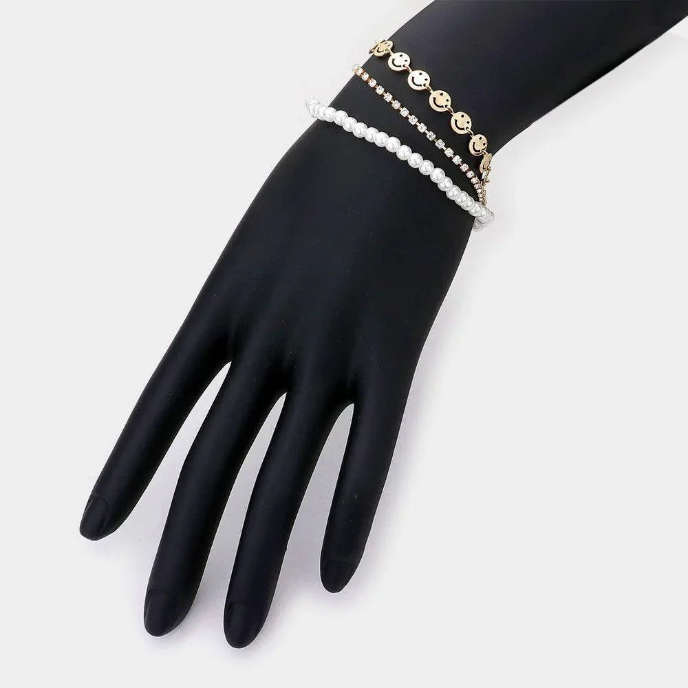Gold 3PCS Metal Smile Link Pearl Tennis Bracelets - Jewelry Store by Erik Rayo