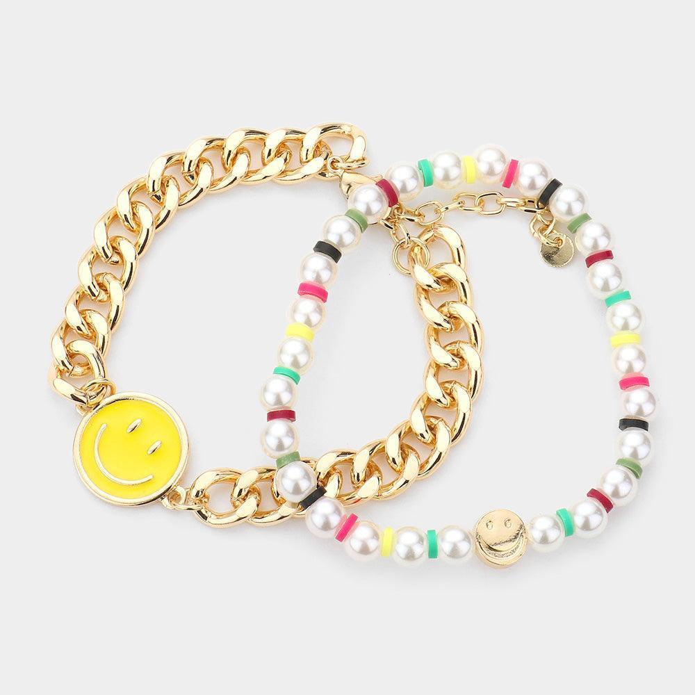 2PCS Smile Accented Metal Chain Pearl Bracelets - Jewelry Store by Erik Rayo
