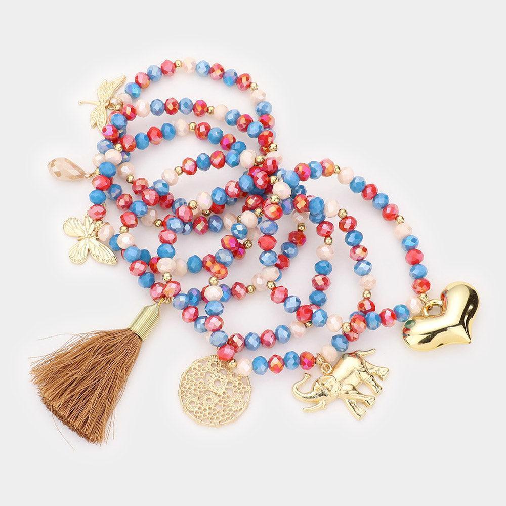 7pcs - Heart Elephant Butterfly Dragonfly Tassel Charm Faceted Beaded Bracelets - Jewelry Store by Erik Rayo