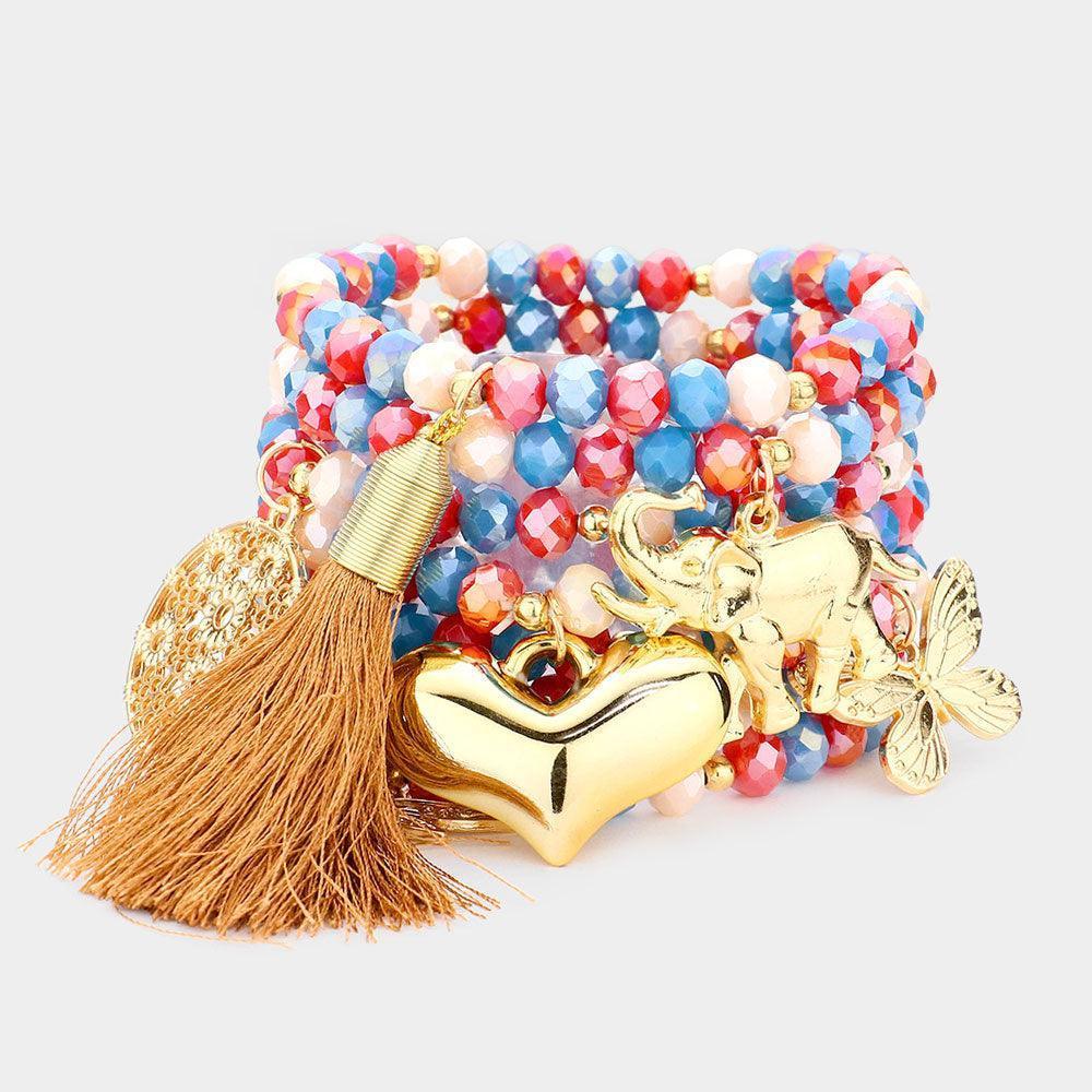 7pcs - Heart Elephant Butterfly Dragonfly Tassel Charm Faceted Beaded Bracelets - Jewelry Store by Erik Rayo