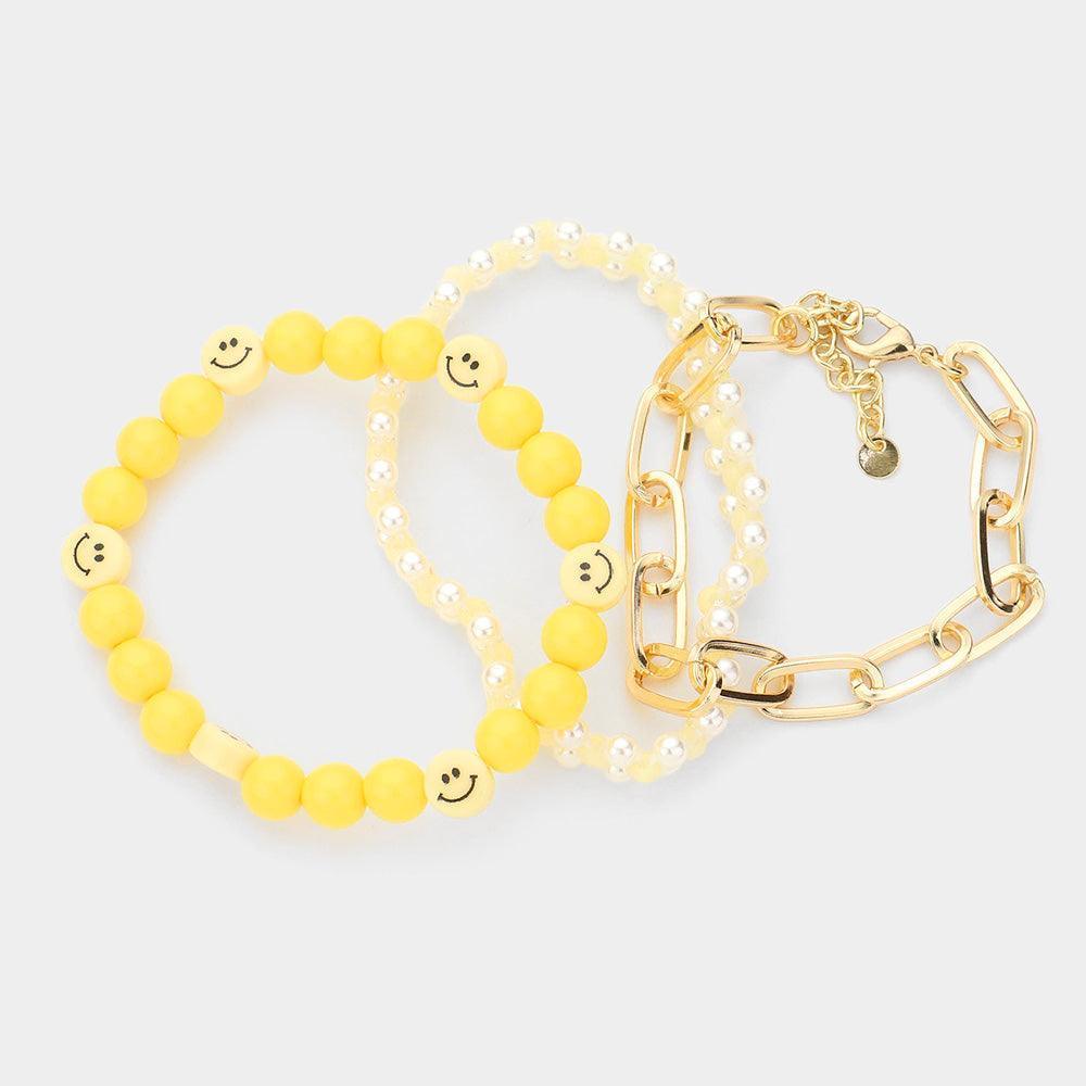 Yellow 3PCS Smile Beaded Pearl Open Metal Oval Link Bracelets - Jewelry Store by Erik Rayo