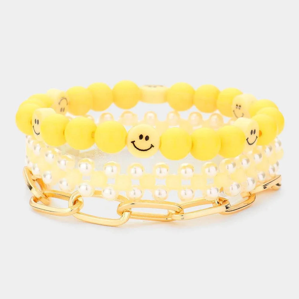 Yellow 3PCS Smile Beaded Pearl Open Metal Oval Link Bracelets - Jewelry Store by Erik Rayo